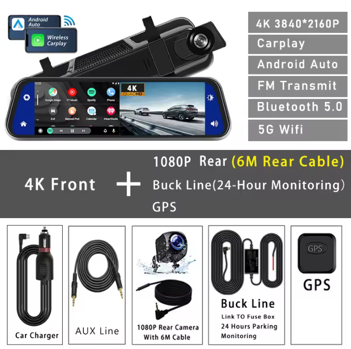 DVR Κάμερα Αυτοκινήτου 4K με CarPlay, Android Auto, GPS & WiFi – Καταγραφή & 24ωρη Παρακολούθηση