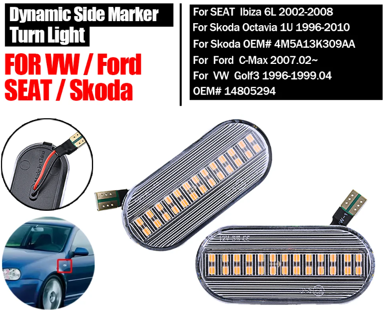 Φλας Led Dynamic για VW-FORD-SEAT-SKODA- 2 Τμχ CRYSTAL