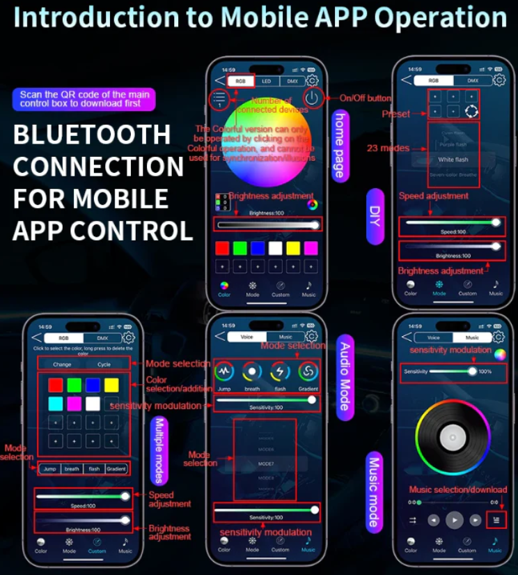 LED Φωτισμός Αυτοκινήτου Ambient Light Kit (10 τμχ) με Bluetooth-App & Αισθητήρα Ήχου